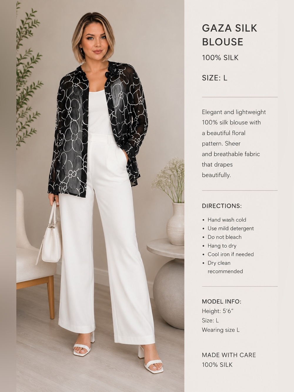 Silky 100% Coldwater Creek Black Silk Blouse with White Stitching